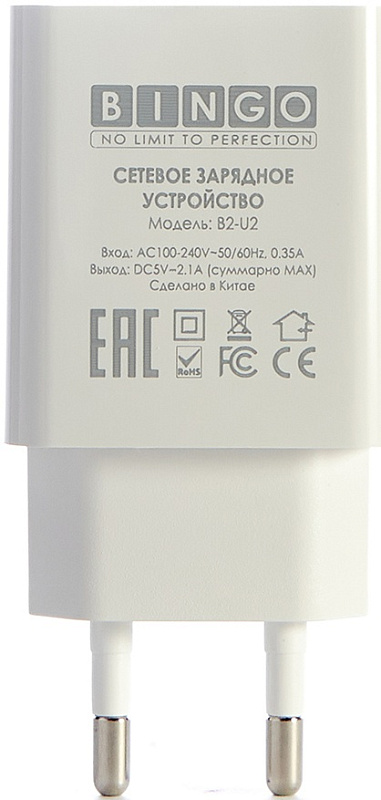 Bingo B2-U2 2.1A с кабелем microUSB (белый) фото 1